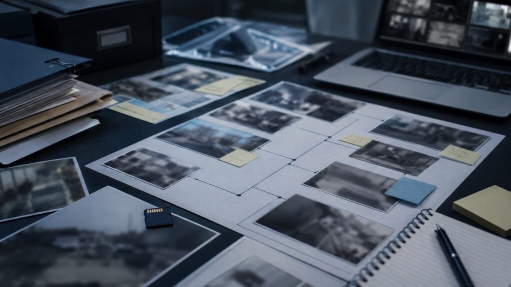 嫌がらせ調査で写真や時系列記録を整理するイメージ