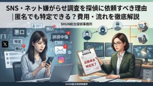 「左右に分割された画像。左側はSNSやネットの嫌がらせに怯える女性と『悪口』『怖い』『誹謗中傷』の吹き出し。右側はデスクに座り『調査報告書』を差し出す女性探偵とマルチモニター。上部に『SNS・ネット嫌がらせ調査を探偵に依頼すべき理由｜匿名でも特定できる？費用・流れを徹底解説』のタイトル、中央と下部に『SHUN総合探偵事務所』の名前。」