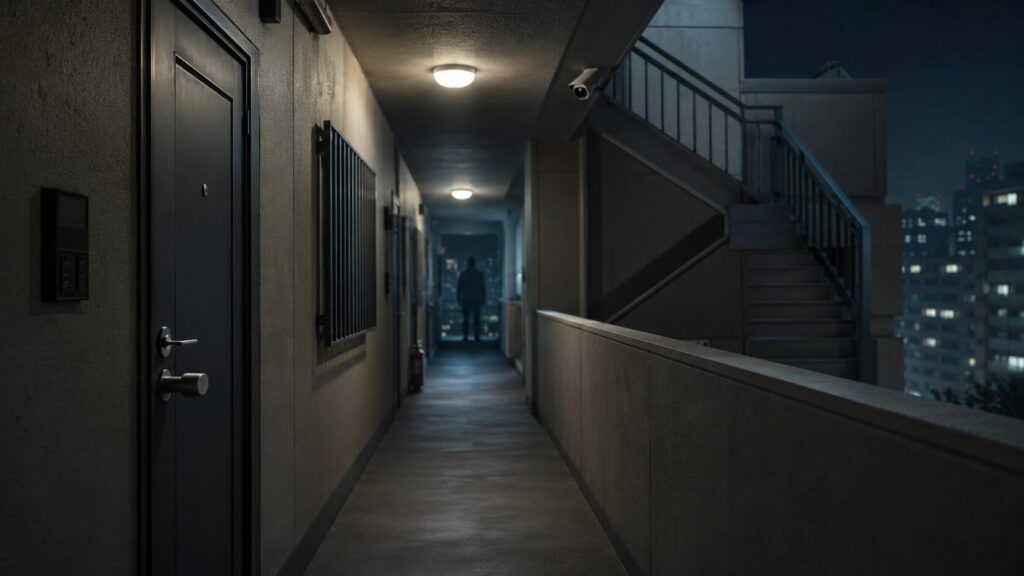 夜間の集合住宅で玄関前の嫌がらせが起きるイメージ