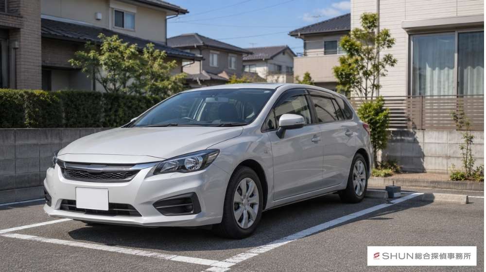 駐車場に停まった車の周囲を確認するイメージで、GPSが取り付けられやすい場所を示すリアル寄りイラスト