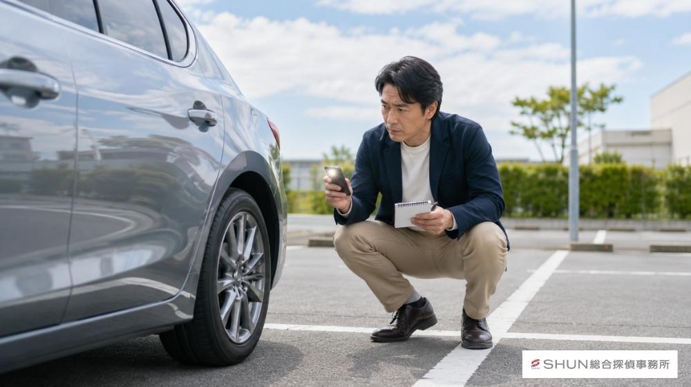 スマートフォンのライトとメモ帳を使い、車にGPSがついていないか冷静に確認している人物のイラスト