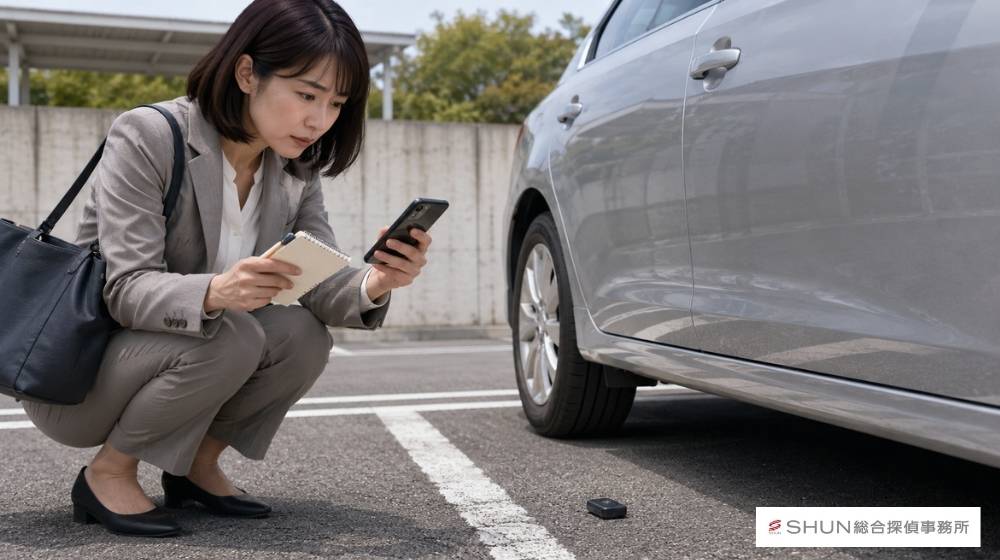 車の近くで不審物を見つけた人物が、触らずにスマートフォンで証拠写真を撮っているイラスト