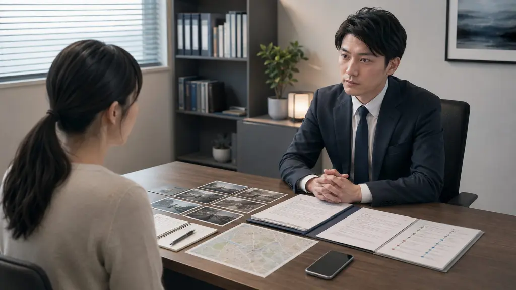 嫌がらせ被害の証拠整理と警察相談に向けて探偵に相談する様子
