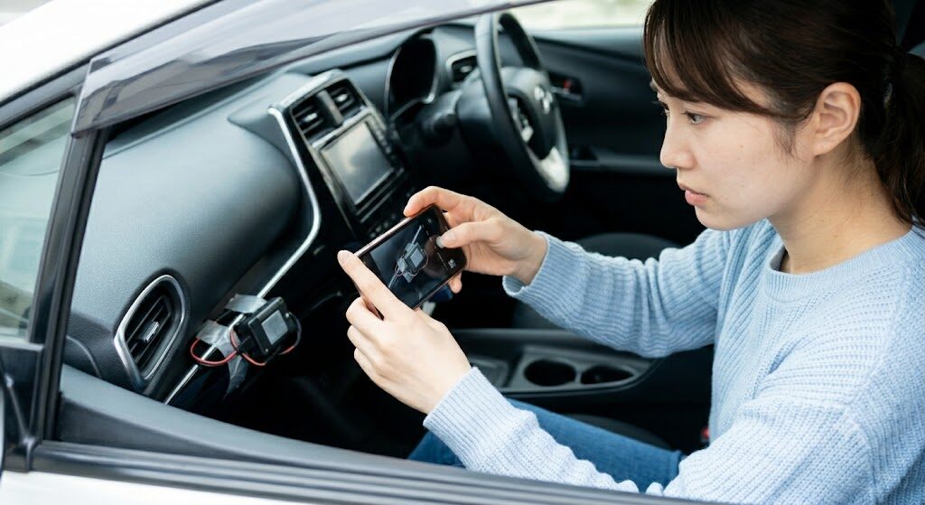 車に見覚えのない機器を見つけたときに証拠を残すイメージ
