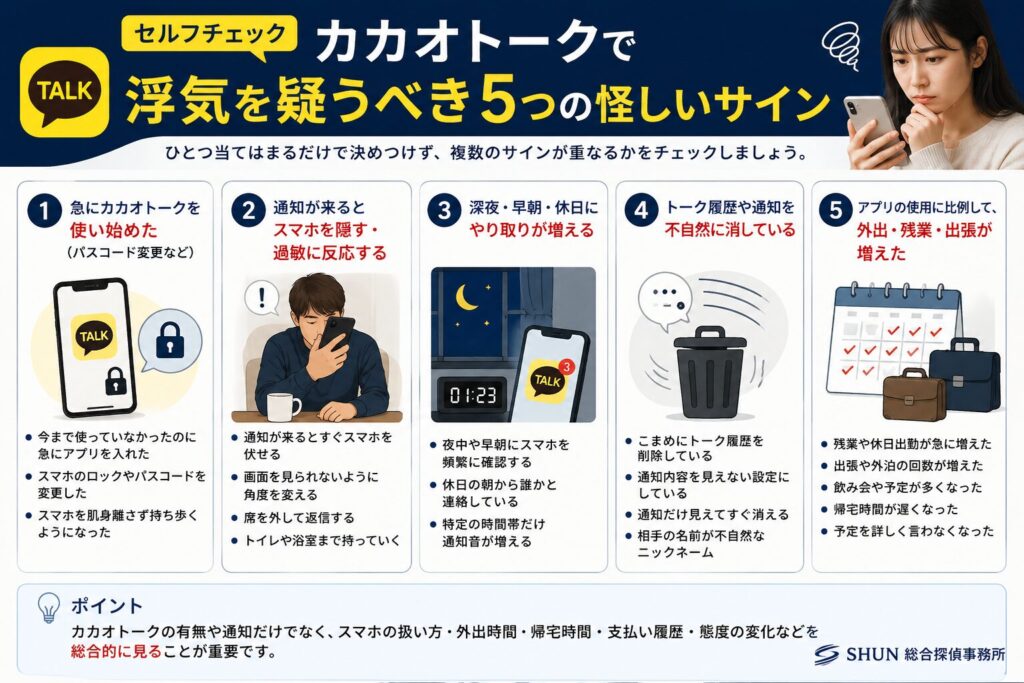 カカオトークで浮気を疑うべき5つの怪しいサインをまとめたチェックリスト画像