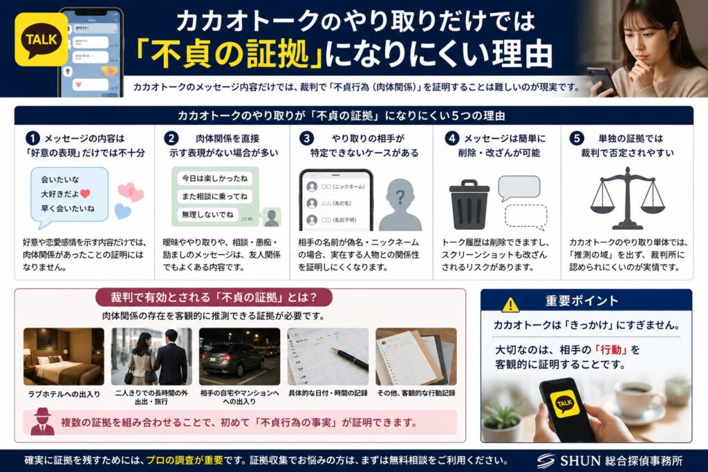 カカオトークのメッセージだけでは浮気の証拠になりにくい理由と、本当に必要な証拠を解説した図解画像