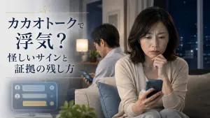 カカオトークで浮気を疑う女性がスマートフォンを見ながら不安を感じているイメージ