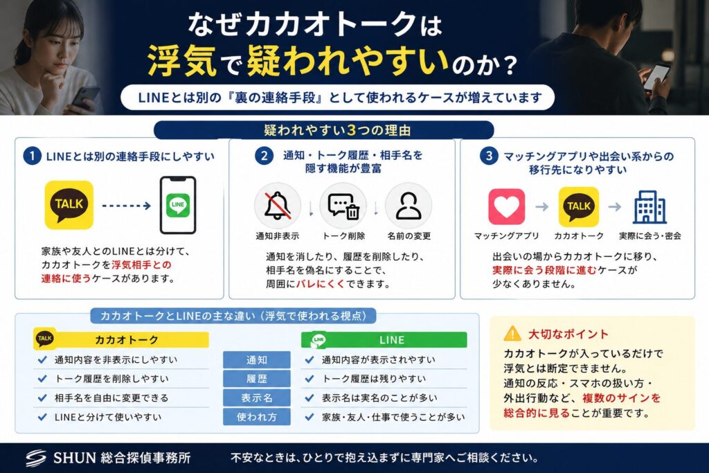 カカオトークが浮気で疑われやすい理由とLINEとの違いを説明した図解画像