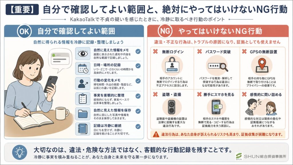 カカオトークで浮気を疑った時に自分で確認してよい範囲と、やってはいけないNG行動を比較した図解画像