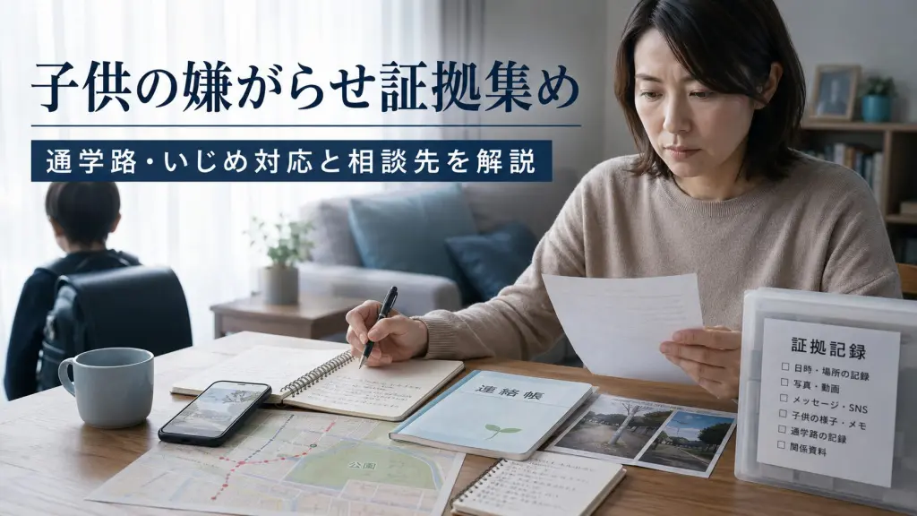 子供の嫌がらせやいじめの証拠集めについて相談する保護者のイメージ