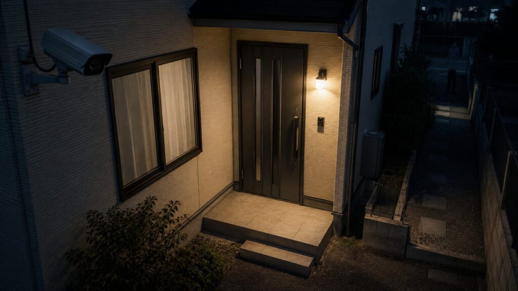夜間の玄関周辺を防犯カメラで確認するイメージ