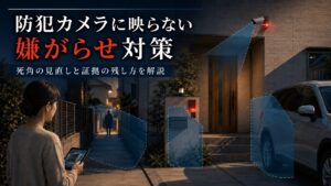 防犯カメラに映らない嫌がらせと死角対策を表した住宅街のイメージ