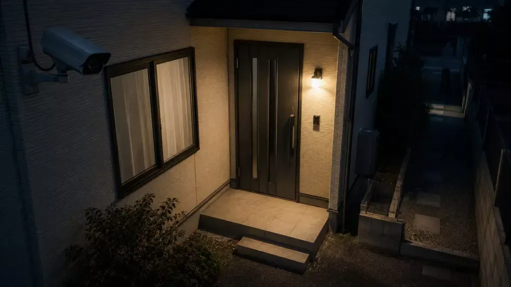夜間の玄関周辺を防犯カメラで確認するイメージ