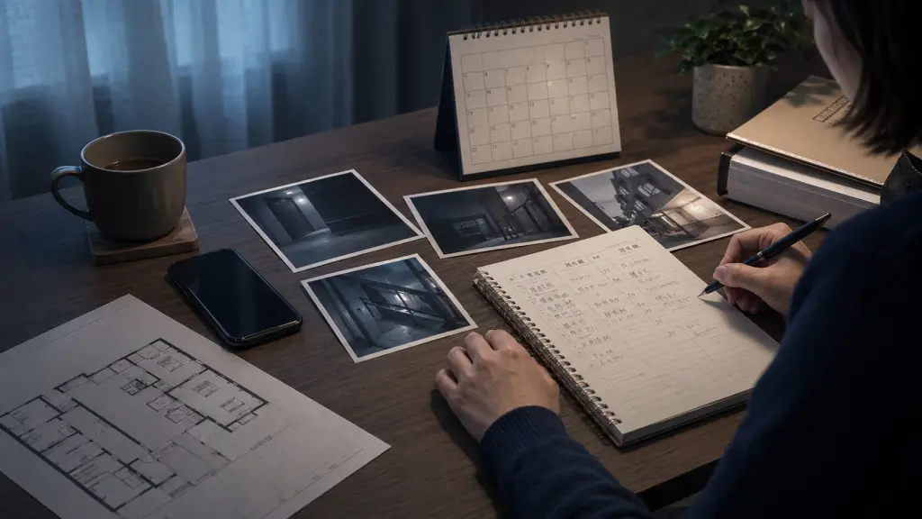 マンション嫌がらせの証拠としてメモや写真を整理している様子