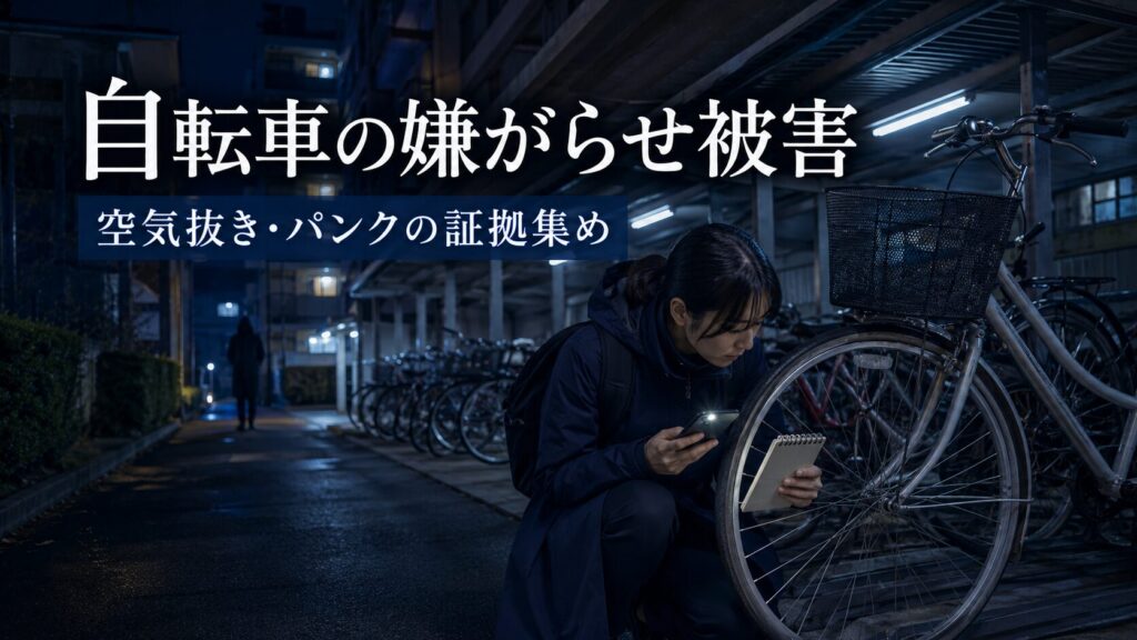 自転車の空気抜きやパンク被害に悩む人が駐輪場で状況を確認している様子