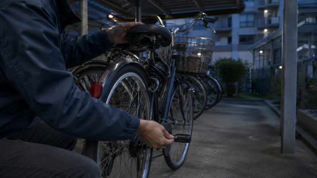 駐輪場で自転車のタイヤやバルブの状態を確認している様子