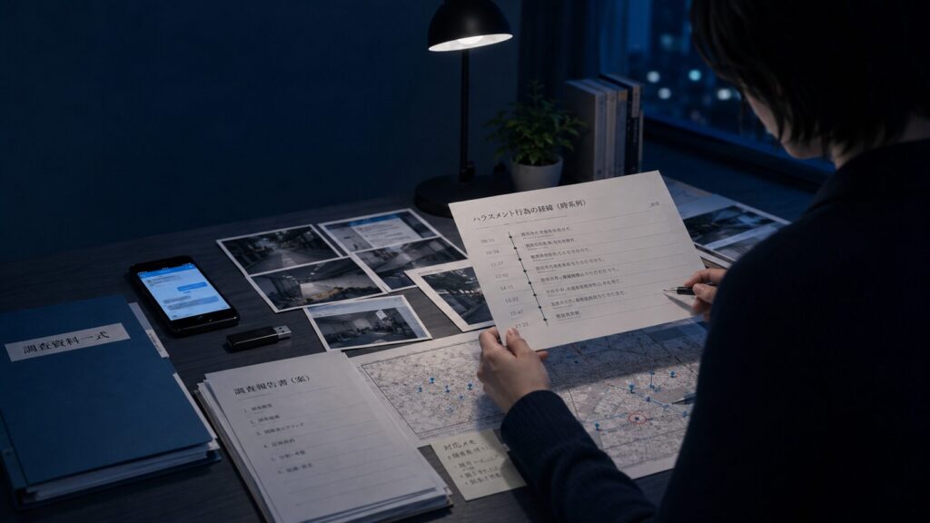探偵が嫌がらせ被害の証拠を整理するイメージ