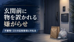 玄関前に物を置かれる嫌がらせの対処法を示すイメージ