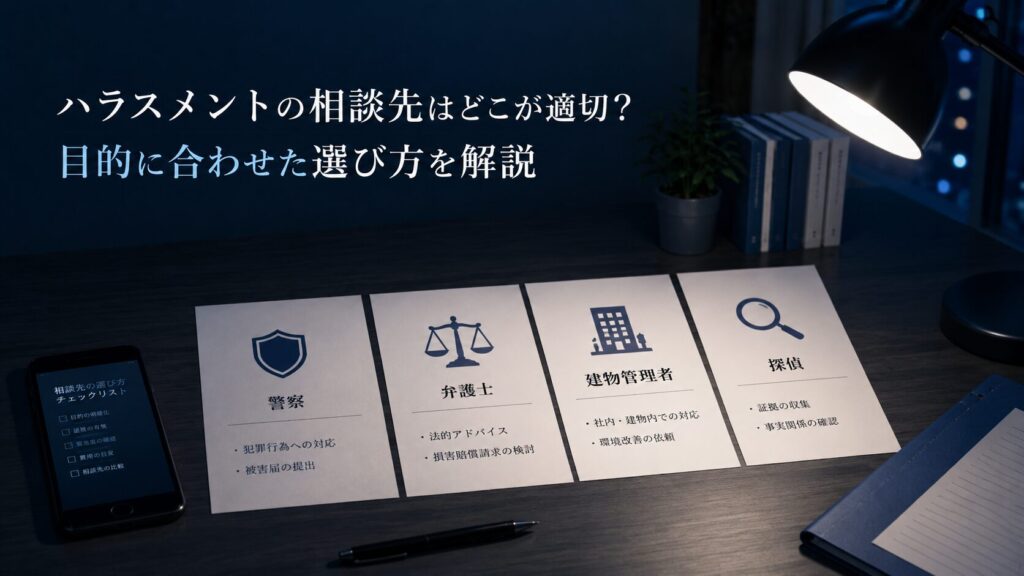 嫌がらせ被害の相談先を整理するイメージ