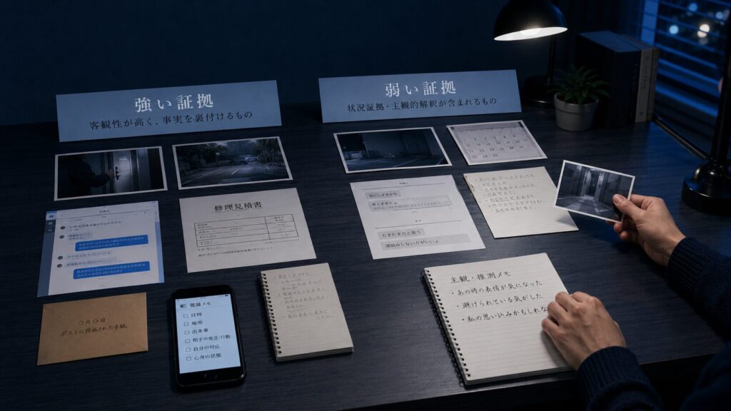 嫌がらせの証拠として強いものと弱いものを整理するイメージ