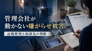 管理会社が動かないマンション嫌がらせ被害で証拠を整理する相談イメージ