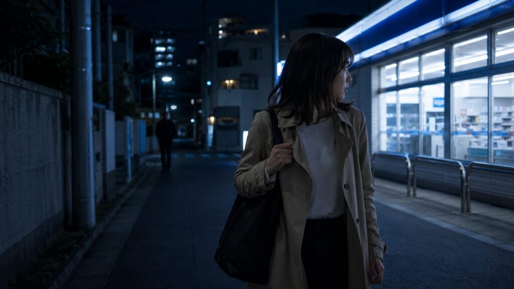 帰り道につけられている不安を感じた人が明るい場所へ避難するイメージ
