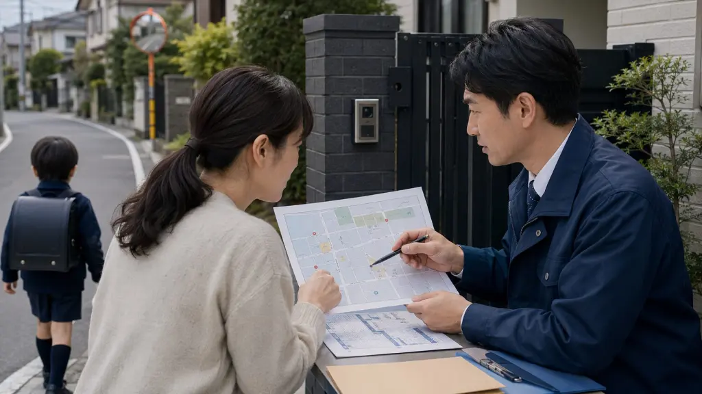 通学路の安全確認を保護者と学校関係者が整理しているイメージ