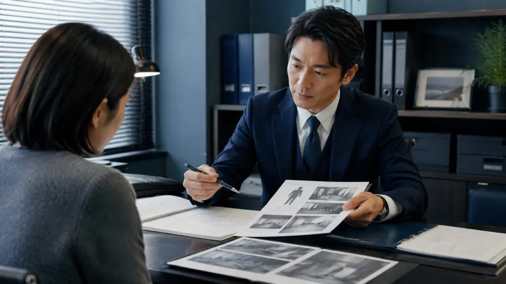 探偵相談員が嫌がらせ被害の資料を確認しながら相談を受ける様子