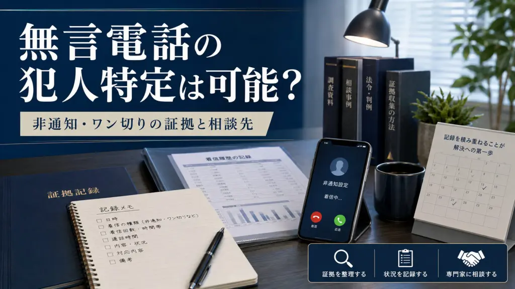 非通知電話や無言電話の嫌がらせに悩み、証拠を整理するイメージ