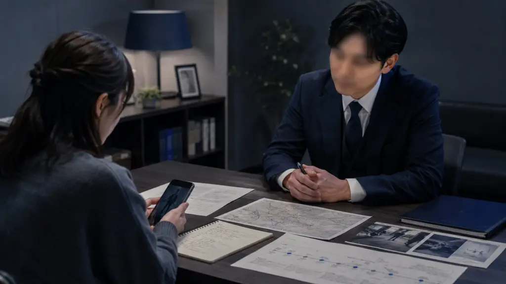 つきまとい被害のメモやスマートフォン記録を探偵相談員と整理するイメージ