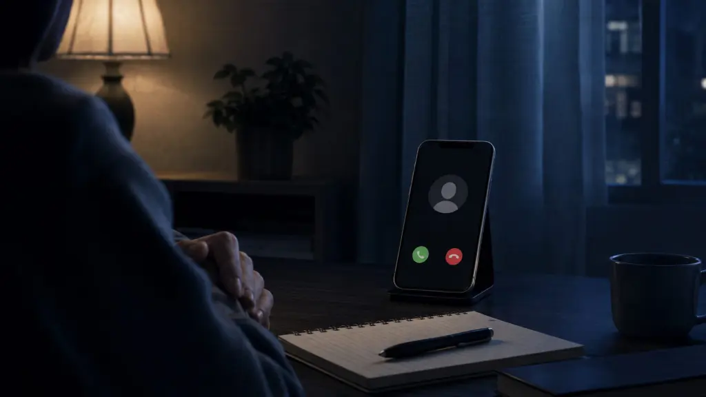 夜の室内でスマートフォンに非通知着信が表示され、不安を感じる場面