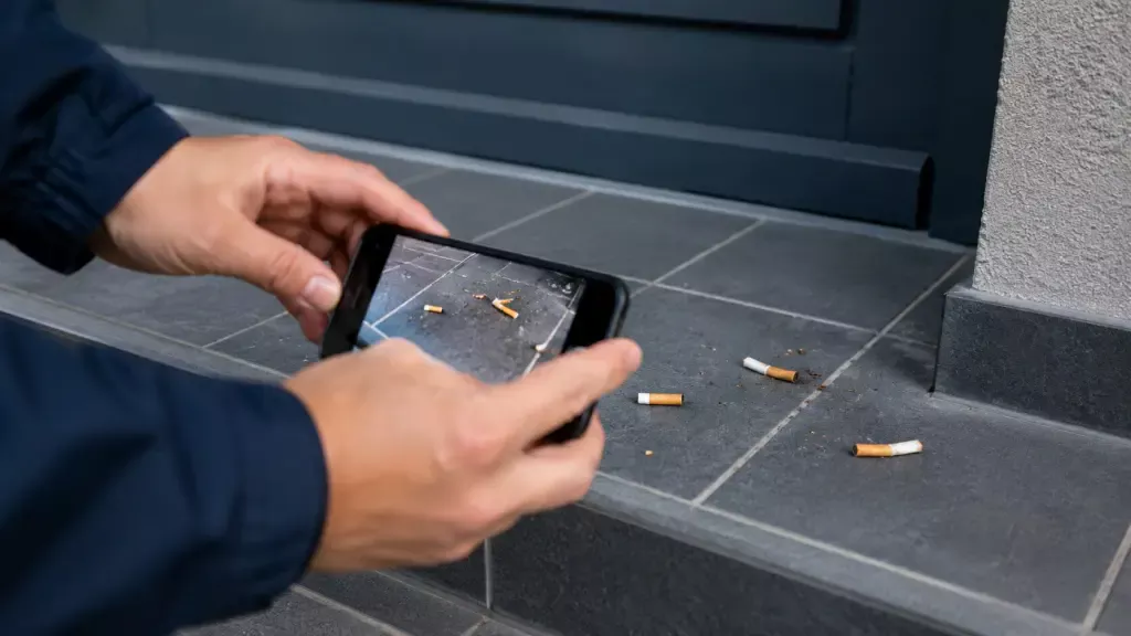 タバコの吸い殻をスマホで証拠撮影する様子