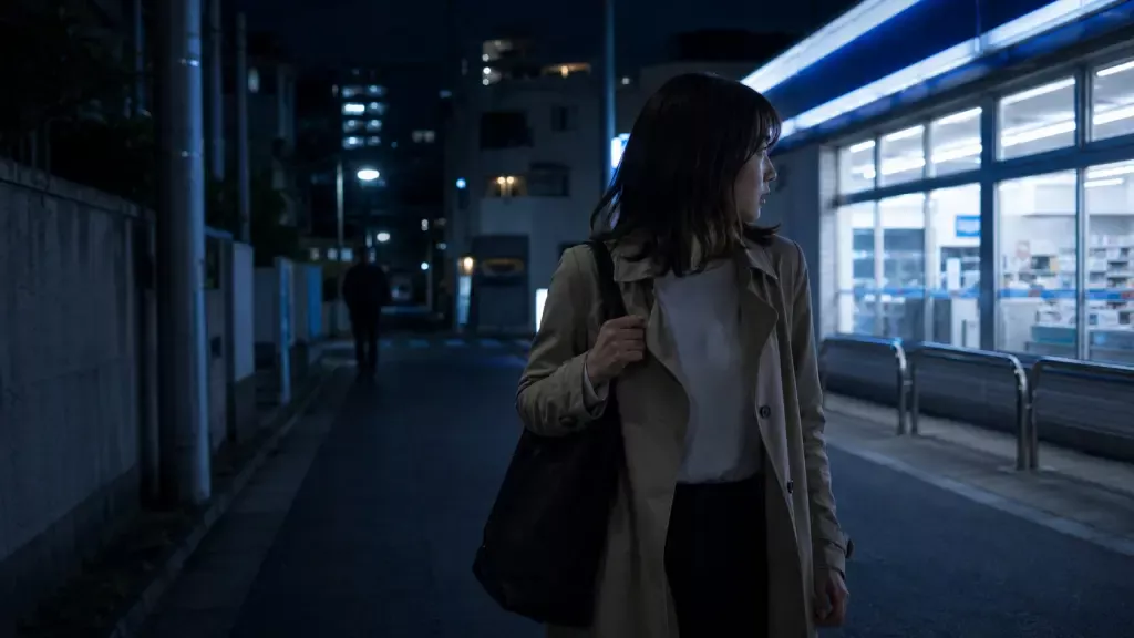 帰り道につけられている不安を感じた人が明るい場所へ避難するイメージ